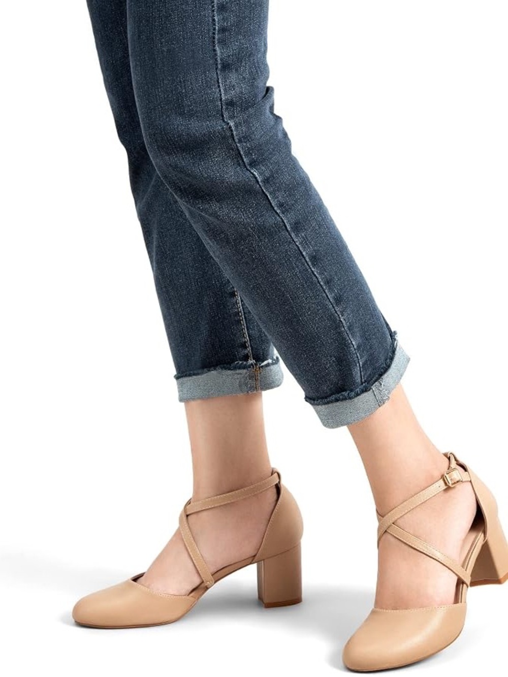 Greatonu Beige Cross-Strap Block Heel Pumps